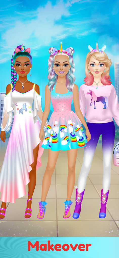 Dress Up & Makeup Girl Games - Tres chicas con diferentes tonos de piel con peinados y atuendos con temática de unicornio para un cambio de imagen de moda