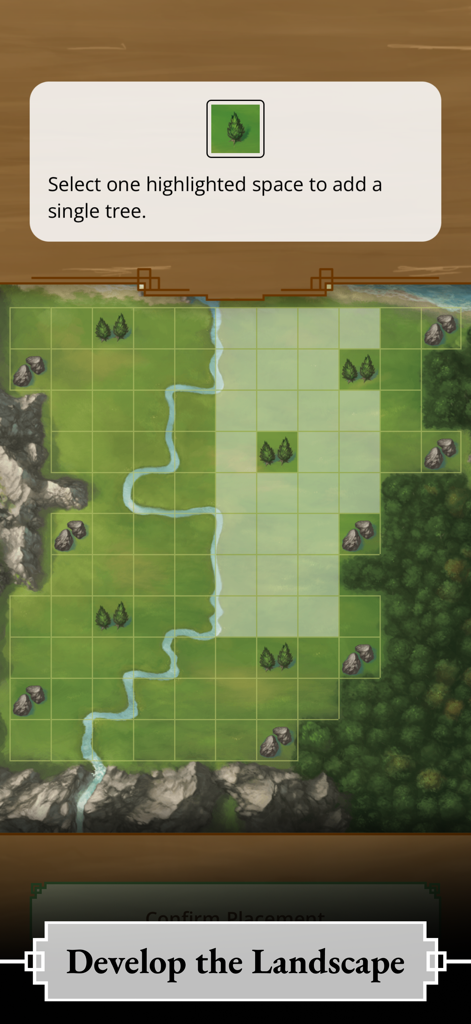 My City by Reiner Knizia - Gameplay screen showing a grid map with trees and a river for landscape development in My City board game