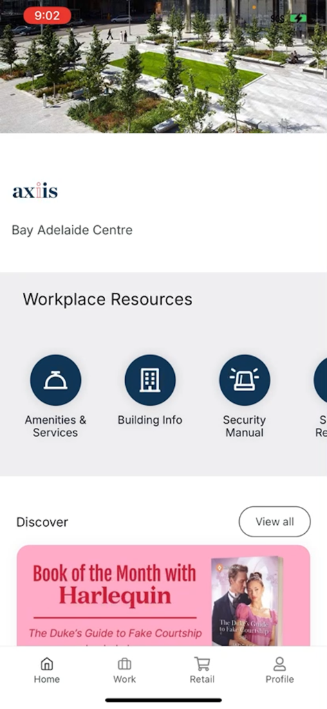 Axiis tenant app home screen featuring workplace resources like amenities and building information for office tenants.
