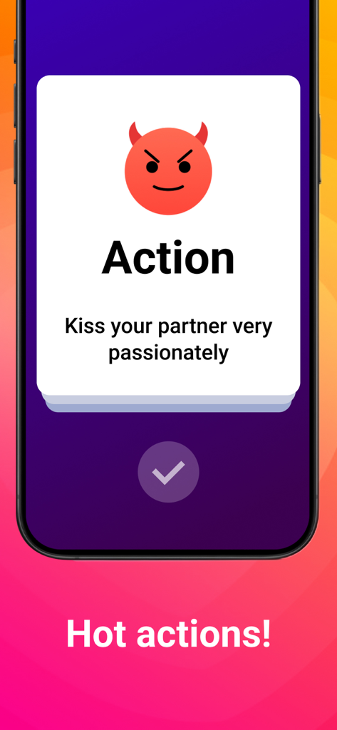 A screenshot of the Spin the Bottle app displaying a romantic task card with a devil emoji and a kiss challenge.