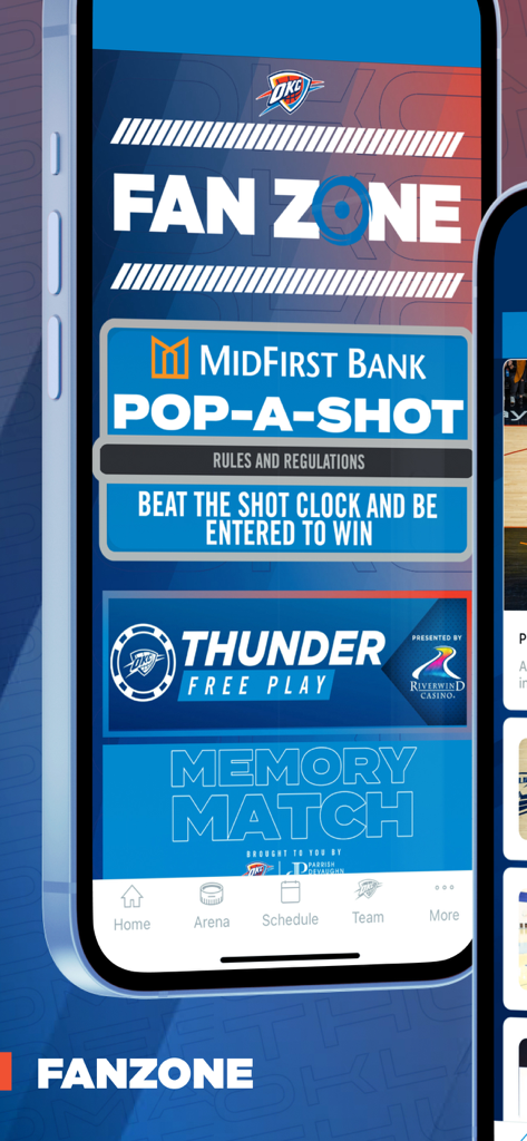 Oklahoma City Thunder app Fan Zone screen featuring interactive basketball games and fan contests