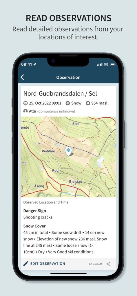 Varsom - Varsom app screen showing a detailed snow observation with a map and safety data