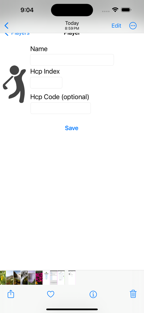 Una interfaz móvil para añadir el nombre del golfista y el índice de hándicap en la aplicación Golf Buddies