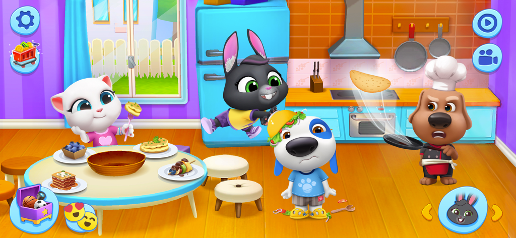 My Talking Tom Friends - Personagens de Talking Tom Friends brincando em uma cozinha colorida