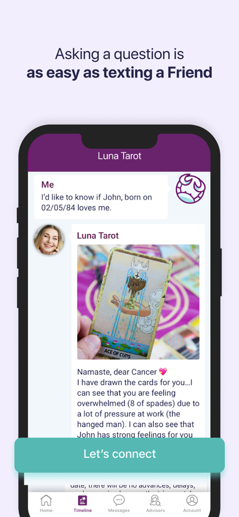 Fortunica App-Screenshot, der eine Chat-Oberfläche zeigt, in der ein Benutzer eine personalisierte Tarotkarten-Lesung von einem Berater erhält.