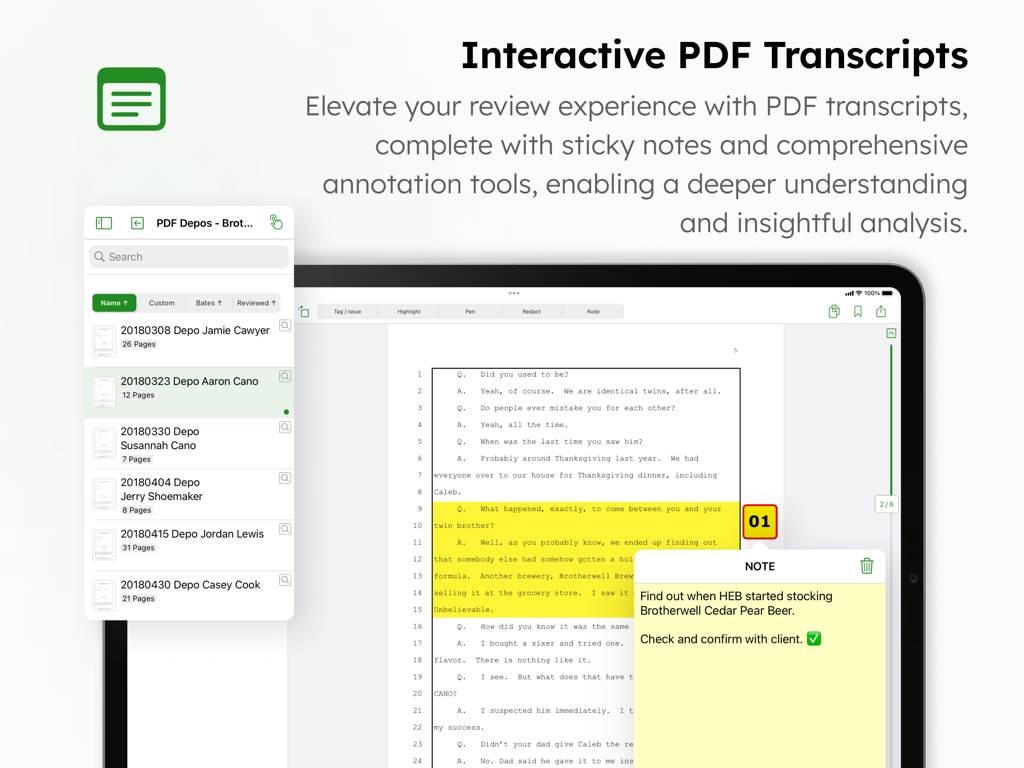 DocReviewPad - Review Docs - DocReviewPad app interface on an iPad showing a legal transcript with highlights and a digital sticky note.