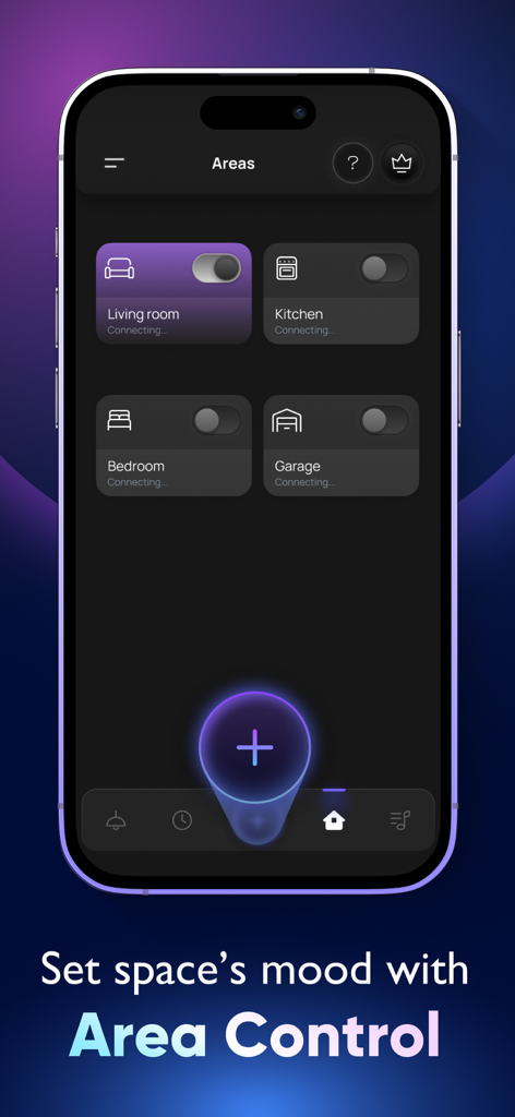 Smart home app interface showing area control for living room kitchen and bedroom