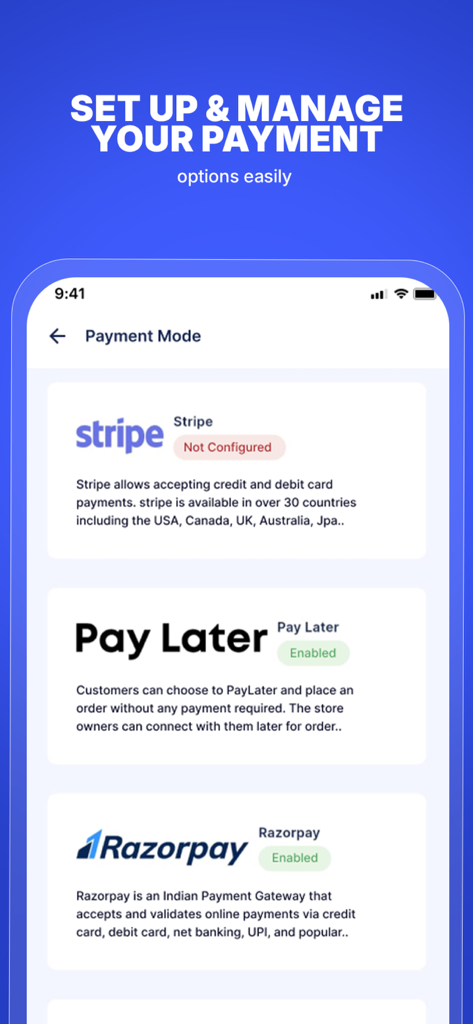 Écran de l'application Vepaar Store montrant les options de configuration de paiement, y compris Stripe et Pay Later