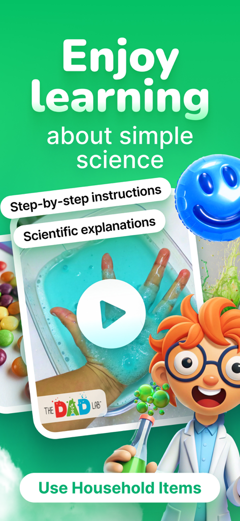 FunLab: Science Games for Kids - App screenshot promoting simple science experiments for kids using household items with step by step instructions