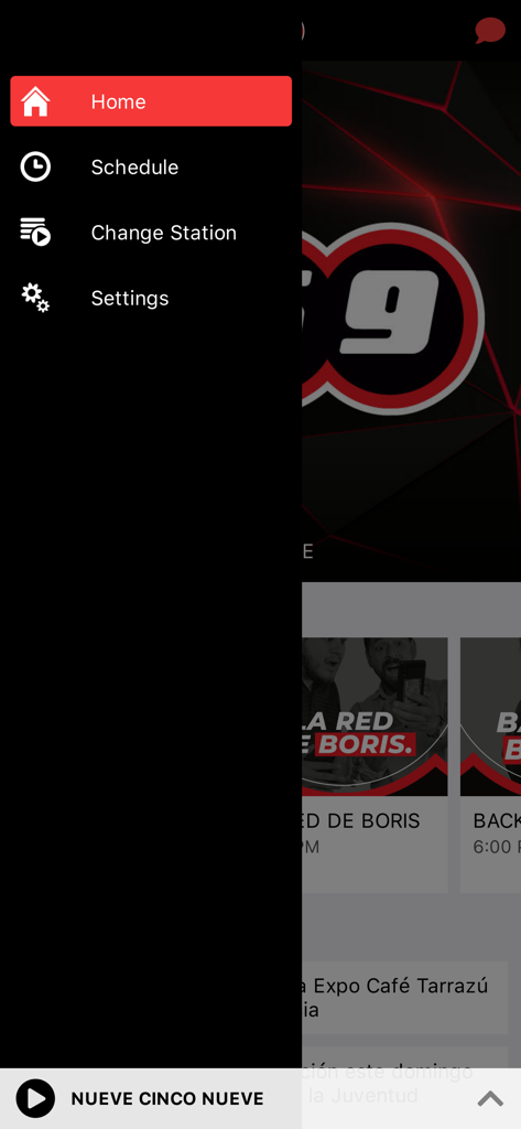 Pura Vida Radios - Sidebar navigation menu of the Pura Vida Radios app showing Home and Schedule options.