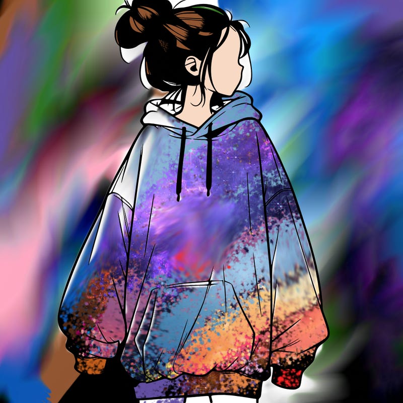 realistic girl with a oversized sweatshirt on and a bun