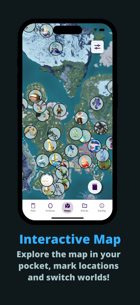 Paltopia: Pal tools & Map - A screenshot of the Paltopia app showing an interactive map with various Pal icons marking locations across the game world.