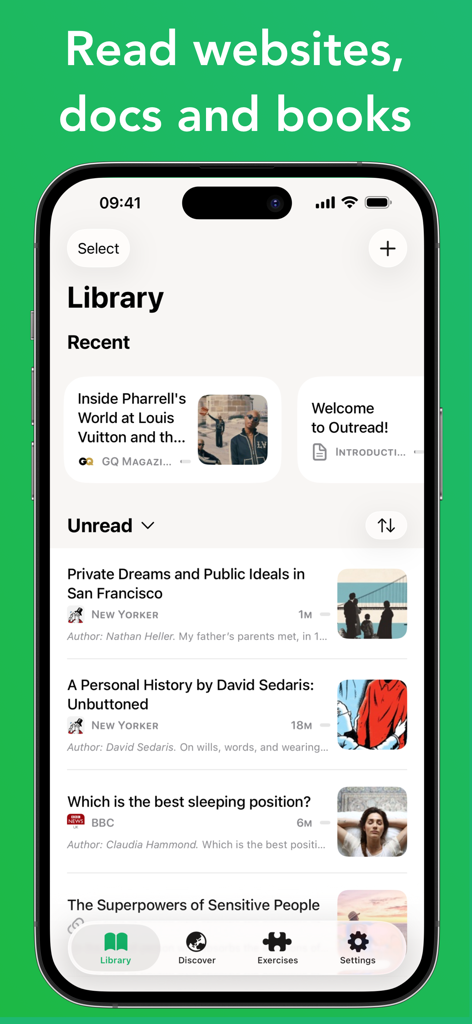 Outread: Speed Reading - Outread app library interface showing a list of unread articles and documents for speed reading on an iPhone screen