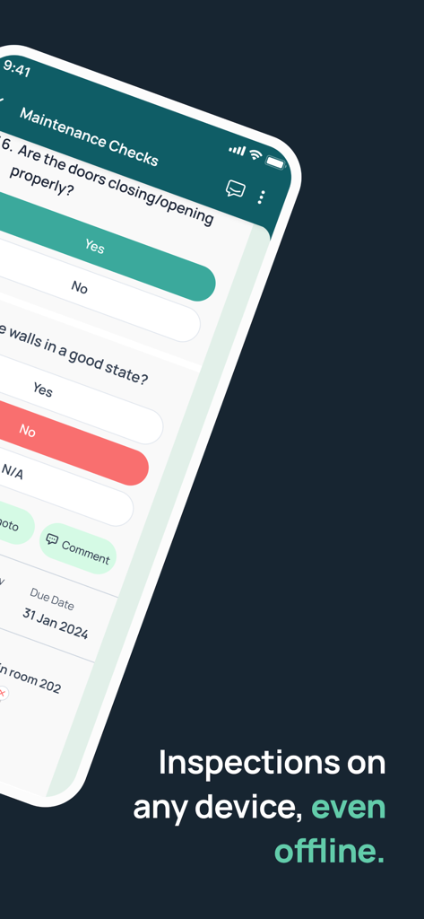 A mobile screenshot of the GoAudits app showing a maintenance checklist with questions and options for offline inspections.