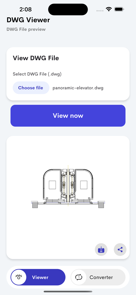 Technical CAD drawing of an elevator displayed in the DWG Viewer mobile application interface