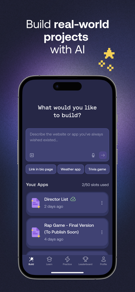 A mobile screen from the Mimo app showing how to build real world projects using AI assistance.
