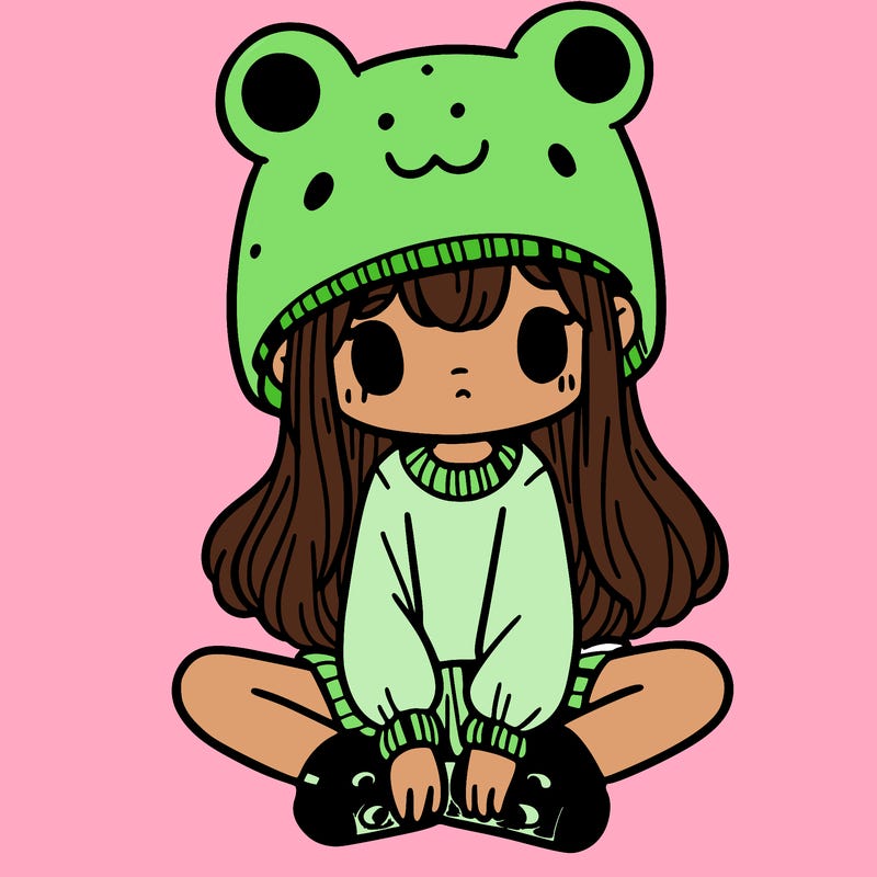 a girl wearing a frog hat and some frog socks