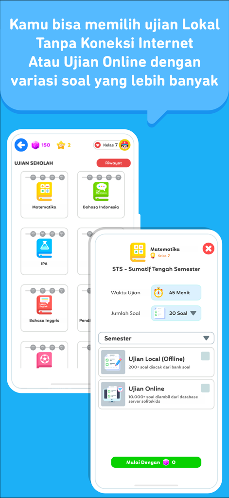 Soal Ujian SMP + TKA - Mobile app interface showing options for offline local exams and online exams for Indonesian middle school students