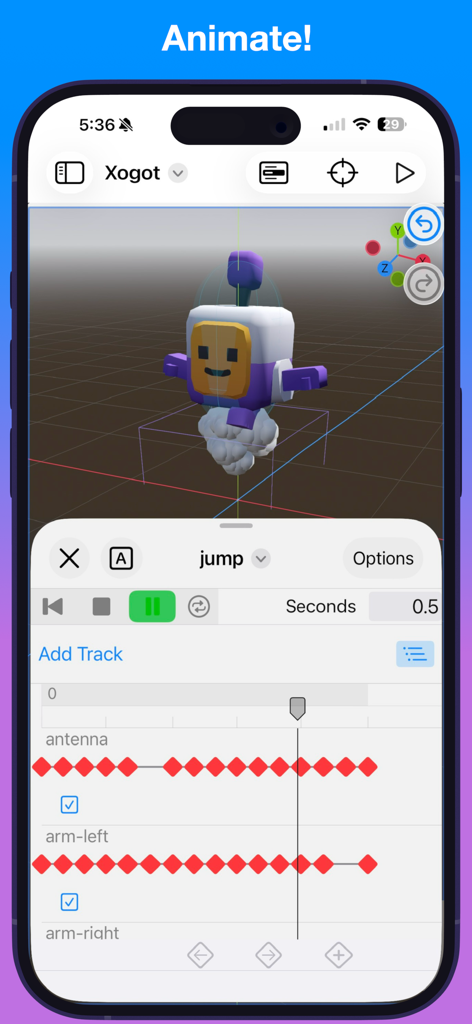 Xogot: Godot for iPad & iPhone - Xogot animation editor on iPhone showing a 3D character jump timeline