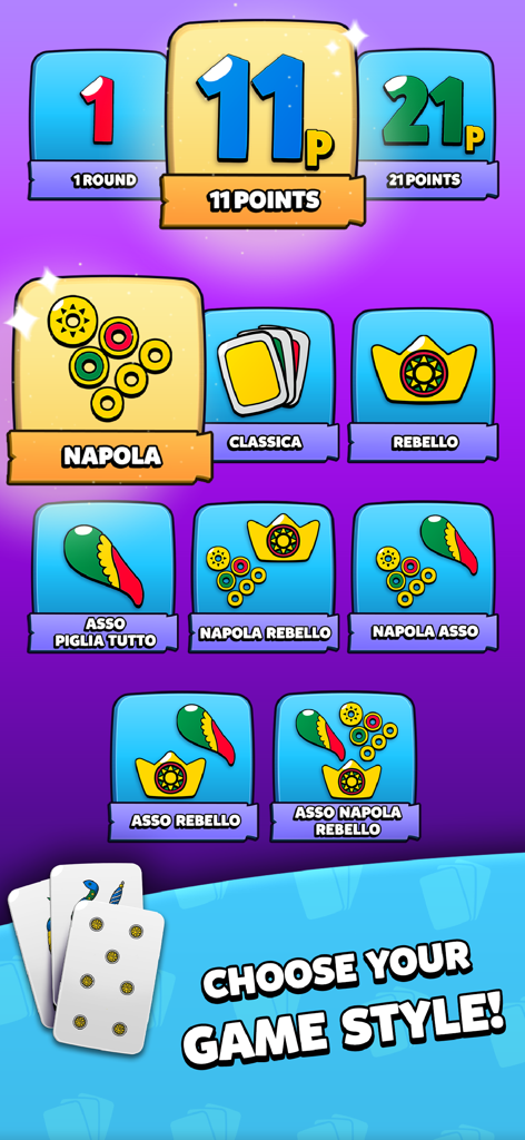 Scopa Dal Negro - Una schermata del menu nell'app Scopa Dal Negro in cui gli utenti possono scegliere il loro stile di gioco preferito e il limite di punti per le partite.