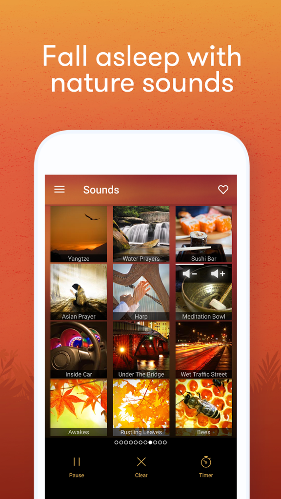 Interfaccia dell'app Meditation and Relax Music Pro che mostra una griglia di suoni naturali e ambientali come Preghiera asiatica e Campana da meditazione.