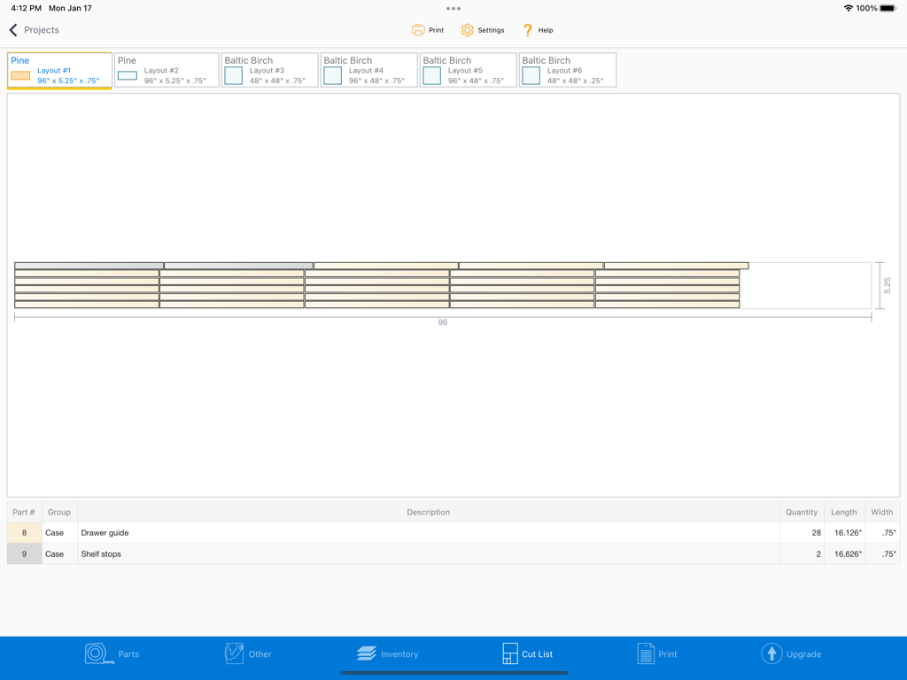 Offcuts app on iPad showing an optimized cutting diagram and parts list for a pine wood project.
