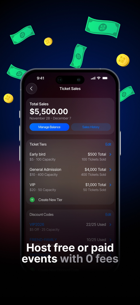 DoorList - Events & Invites - DoorList app dashboard showing ticket sales analytics and tiers for college social events with a no-fees guarantee.