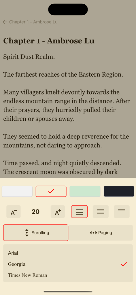 PawRead - Read Fantasy Novels - Interfaz móvil de la aplicación PawRead que muestra un capítulo de novela de fantasía con ajustes personalizables de fuente y color de fondo