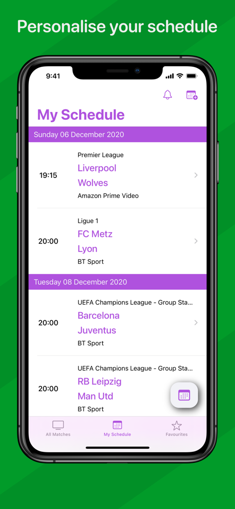 Live Football On TV - A smartphone showing the My Schedule feature of the Live Football On TV app listing upcoming soccer matches and channels.