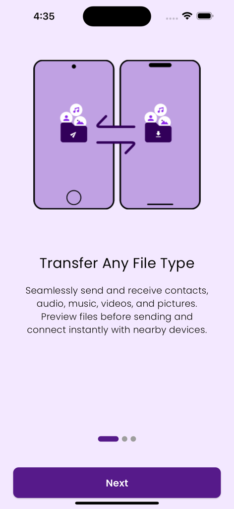 App screen illustrating the ability to transfer any file type between two smartphones.