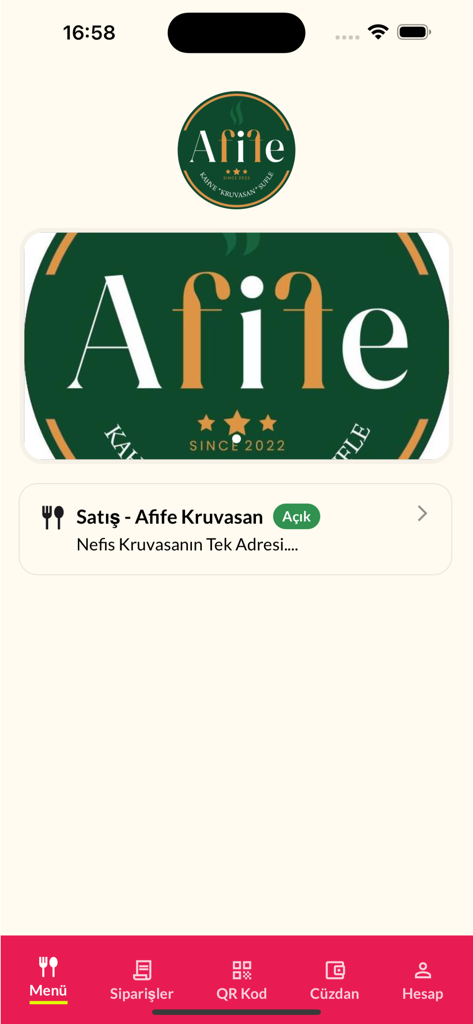 Afife Kruvasan - Pantalla de inicio de la aplicación móvil Afife Kruvasan con el logotipo de la marca y el menú de navegación inferior