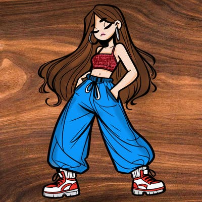 girl in baggy pants crop top and long hair