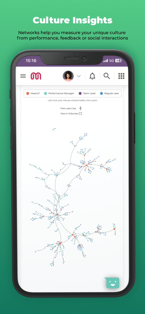 Network graph in Mirro app showing organizational culture and connections
