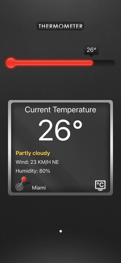 Interface of the Thermometer app showing a red LED temperature bar and current weather for Miami