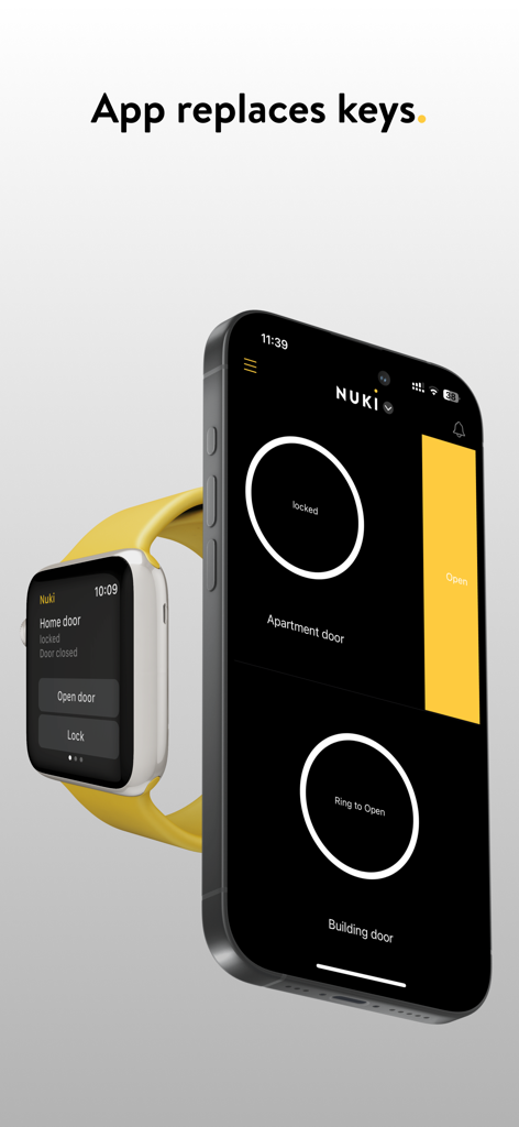 Nuki Smart Lock app interface on iPhone and Apple Watch for keyless door entry.