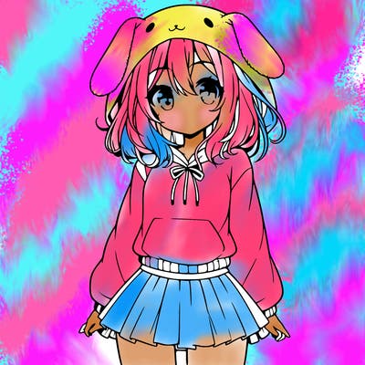 pretty anime girl wearing a fluffy hoodie with bunny ears on the hood and a skirt