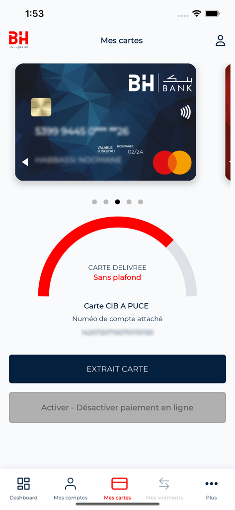 BH MOBILE - BH Mobileアプリのインターフェース。クレジットカードの詳細、利用限度額ゲージ、オンライン支払い管理が表示されています。
