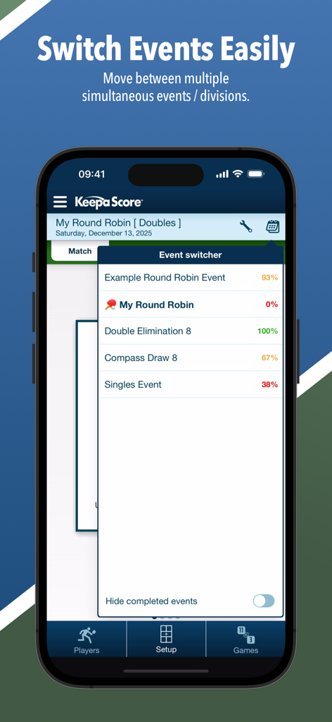 KeepaScore Pickleball Brackets - A mobile interface of the KeepaScore app showing the event switcher to manage multiple pickleball tournaments and divisions simultaneously.