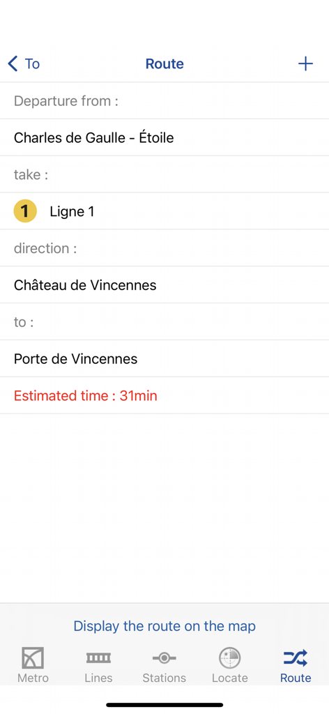 Metro Paris Subway - Metro Paris Subwayアプリのルートプランナー画面。路線1の所要時間と移動方向を表示