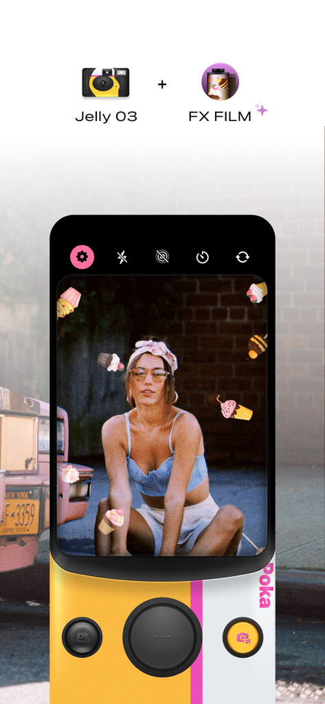 Poka Cam: Disposable Film Cam - Poka Cam app screen showing Jelly 03 camera and vintage film filter with floating cupcake effects
