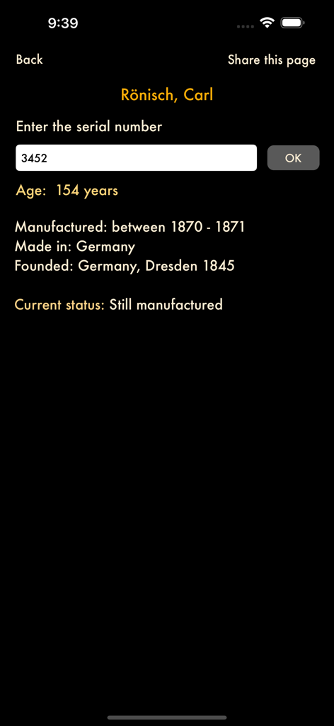 Online Piano Atlas - Online Piano Atlas app displaying the age and origin of a Ronisch piano