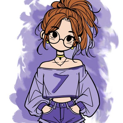 girl with a messy ponytail glasses a baggy crop top and jean shorts