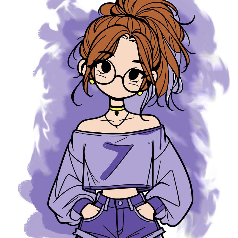 girl with a messy ponytail glasses a baggy crop top and jean shorts