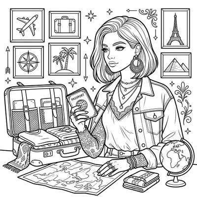 Embark on a stylish adventure with this captivating coloring page featuring a chic traveler ready for her next destination. Explore intricate fashion details and classic vacation motifs, perfect for teens who love both style and exploration.