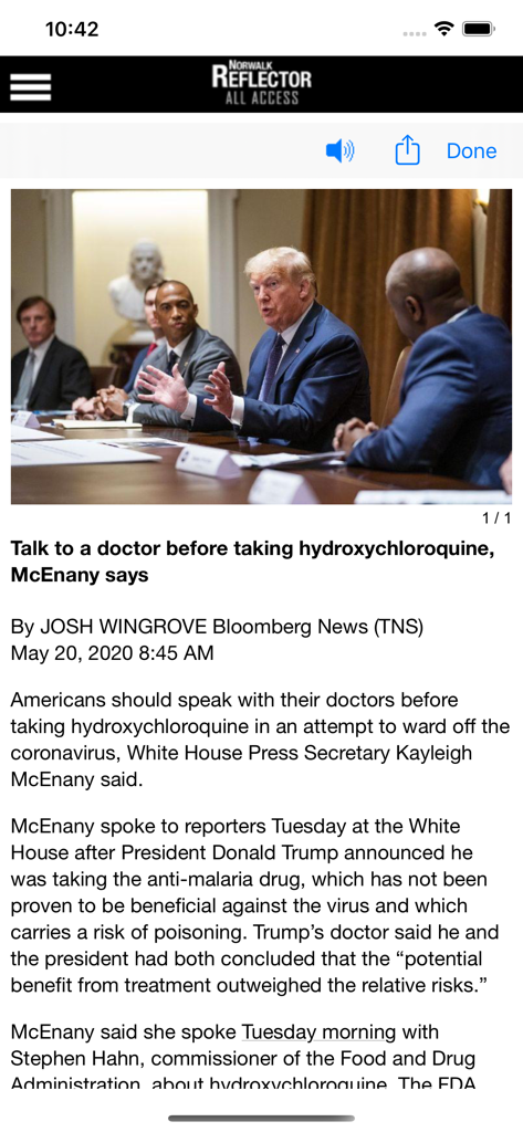 News article view in the Norwalk Reflector mobile app