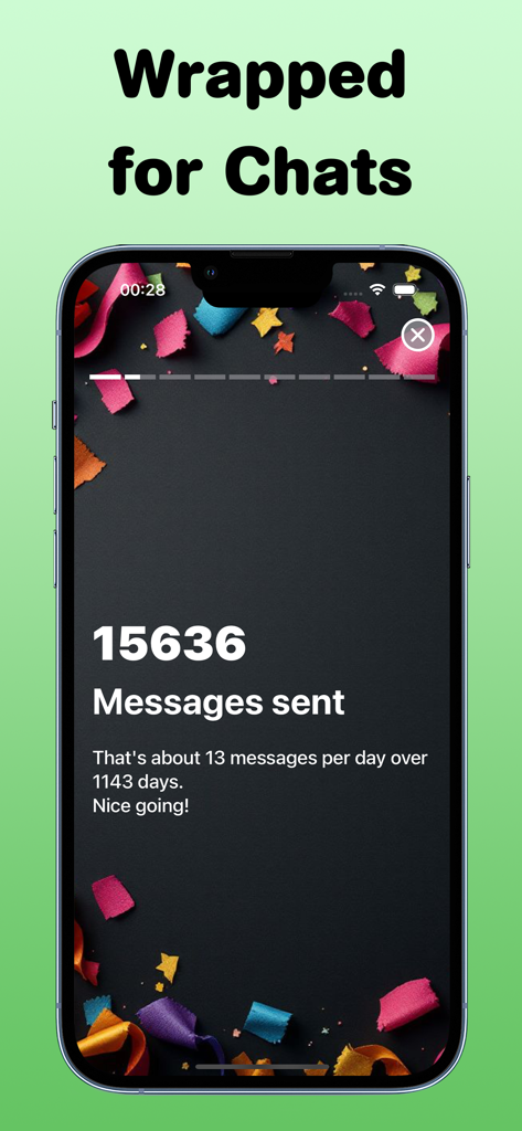 Screenshot of Wrapped for Chats app displaying total messages sent statistics with a colorful confetti background.