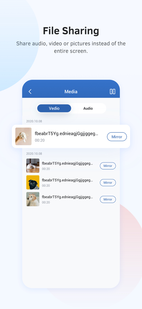 OneScreen Share (Screen Share) - OneScreen Share app interface showing a list of media files with mirroring buttons for quick content sharing.