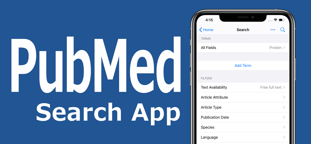 PubMed検索アプリのインターフェース。iPhoneに検索フィルターが表示されている。