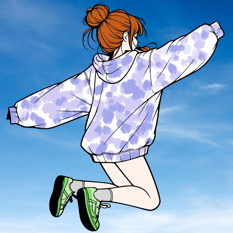 realistic girl jumping with a bun and oversized sweatshirt
