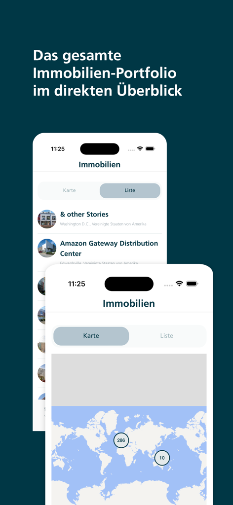 Deka Immobilienfonds app screens showing property list and interactive global investment map
